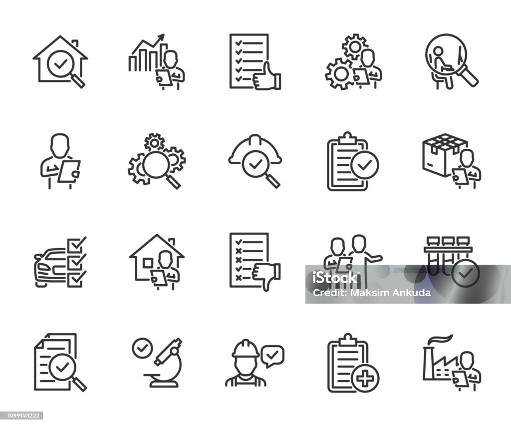 Vector set of inspection line icons. Contains icons verification, inspector, testing, inspection report, quality control, house inspection, examination, qa, checklist and more. Pixel perfect. - Royalty-free Símbolo de ícone arte vetorial Vector set of inspection line icons. Contains icons verification, inspector, testing, inspection report, quality control, house inspection, examination, qa, checklist and more. Pixel perfect. - Royalty-free Símbolo de ícone arte vetorial