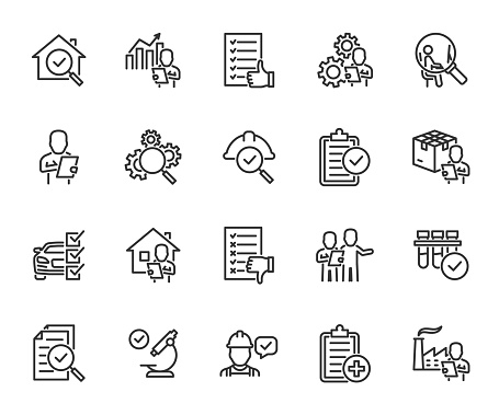 Vector set of inspection line icons. Contains icons verification, inspector, testing, inspection report, quality control, house inspection, examination, qa, checklist and more. Pixel perfect.