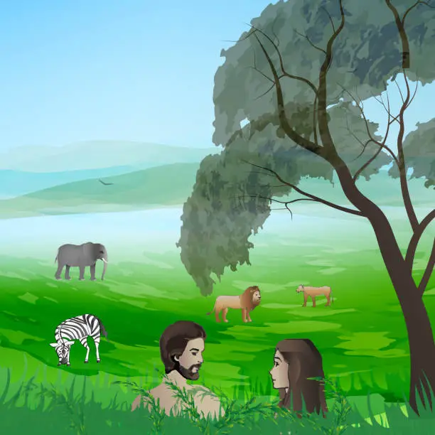 Vector illustration of Adam and Eve stand in the garden of Eden.
