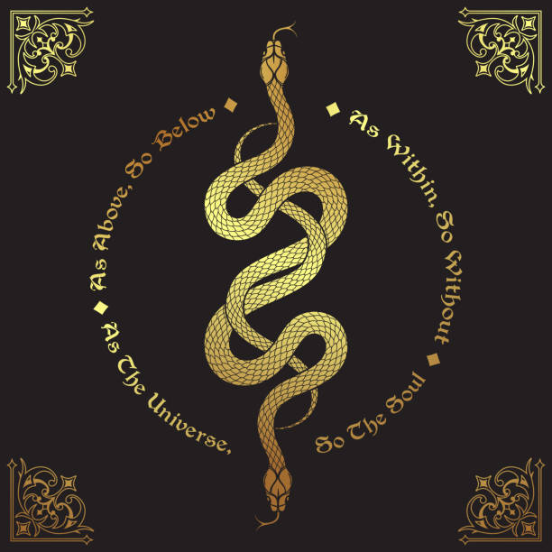 ilustrações, clipart, desenhos animados e ícones de duas serpentes de ouro entrelaçadas. a inscrição é uma máxima no hermetismo e na geometria sagrada. como acima, assim abaixo. tatuagem, pôster ou ilustração vetorial de design de impressão - alquimia