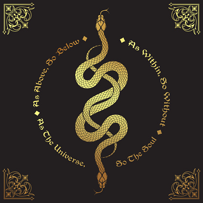 Two gold serpents intertwined. Inscription is a maxim in hermeticism and sacred geometry. As above, so below. Tattoo, poster or print design vector illustration.
