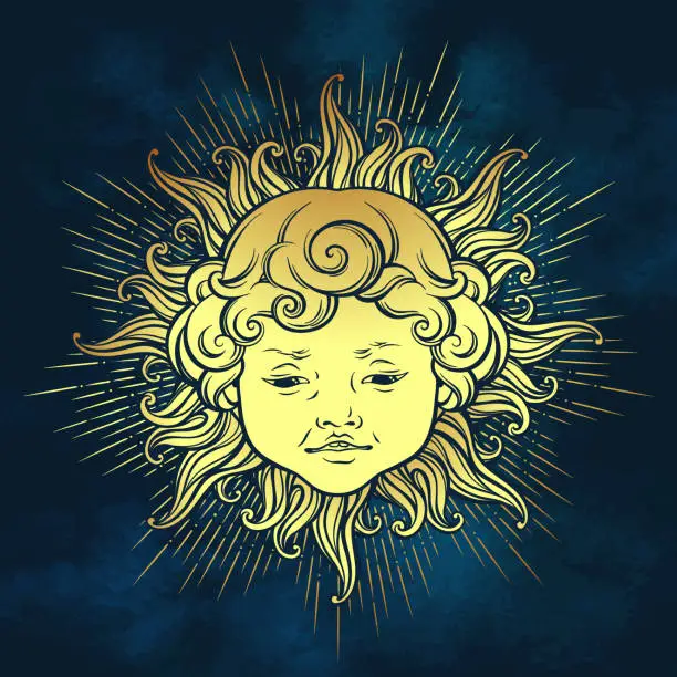 Vector illustration of Gold sun with face of cute curly smiling baby boy over blue sky background. Hand drawn sticker, fabric print or boho flash tattoo design vector illustration