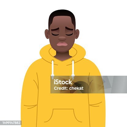 istock Sad African boy in a yellow hoodie. A black young guy with glasses is sad. 1499147882