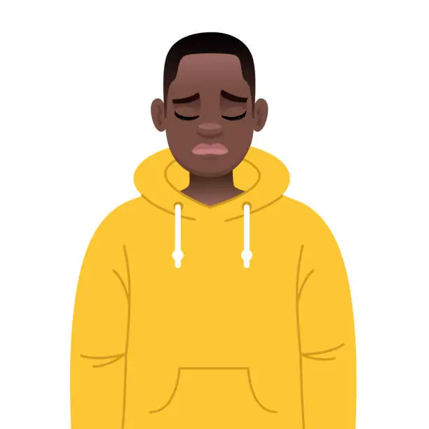 Vector illustration of Sad African boy in a yellow hoodie. A black young guy with glasses is sad.