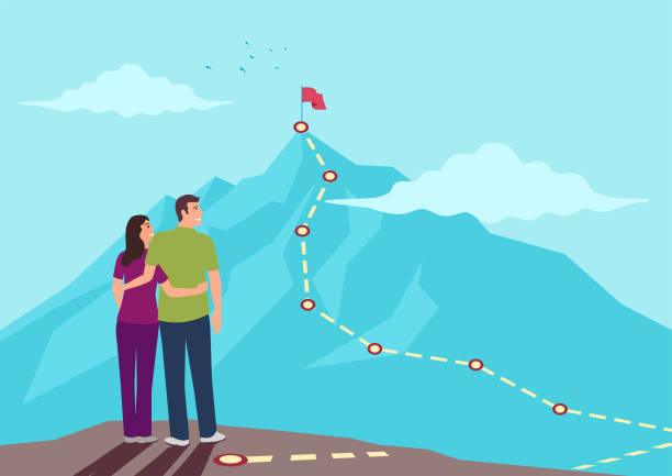 Couple looking up at the top of a mountain with a route map Couple looking up at the top of a mountain with a route map, an analogy for family planning, a journey to attain a happy and harmonious family. parent guide stock illustrations