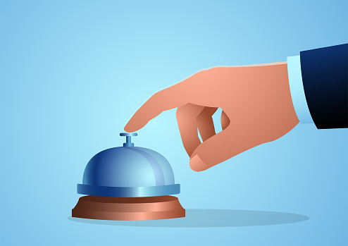 Close-up of businessman’s hand pressing concierge bell, vector illustration
