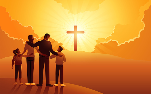 Biblical vector illustration series of Christian family stands at the bottom of the hill, looking up at a cross on the hill. Followers, hope, devoted christians concept