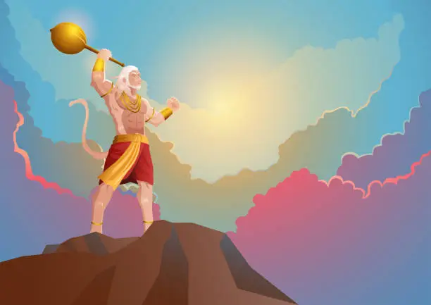 Vector illustration of Fantasy art of Hanuman standing on the rock