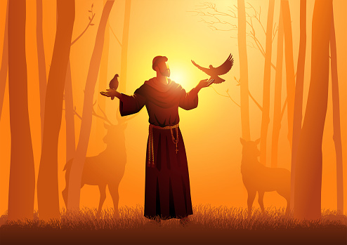 Religion vector illustration series, Saint Francis of Assisi with animals in the woods