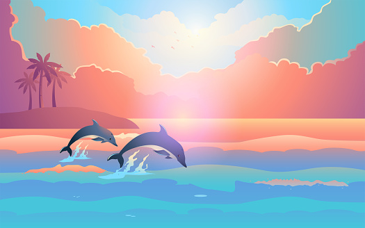 Beautiful panorama of the sunset on the beach, dolphins playing near tropical island, vector illustration