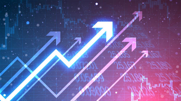 istock Glowing arrows for business growth concept in futuristic technology style. Successful financial development on blue gradient background. Digital cyber wallpaper for the stock market sources 1499156467