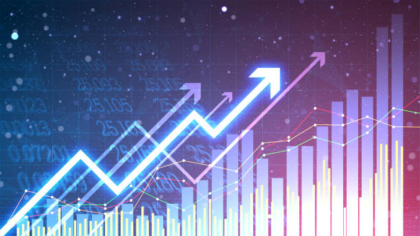 istock Business growth background with the bar chart static and up arrow. Graphic of successful financial development on blue gradient background. Stock market growth in futuristic technology style. 1499156499