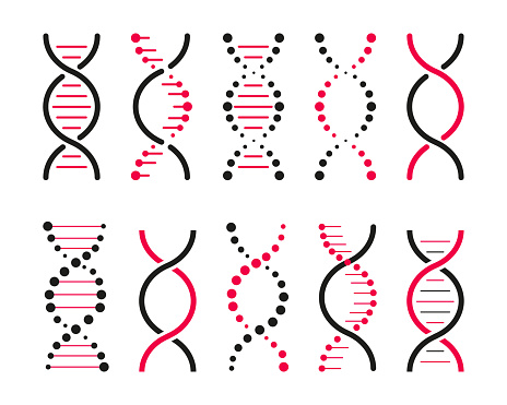 Set of DNA icons. Life gene model bio code genetics molecule medical symbols. Structure molecule, chromosome icon. Vector set of elements DNA