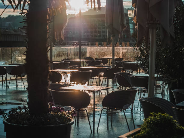 Outdoor cafe terrace after rain