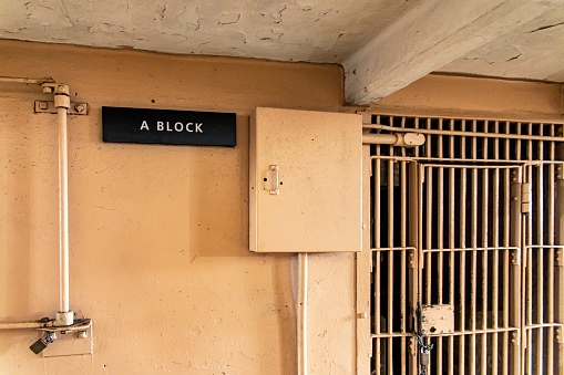 Old abandoned interior building of Alcatraz prison jail in San Francisco, California