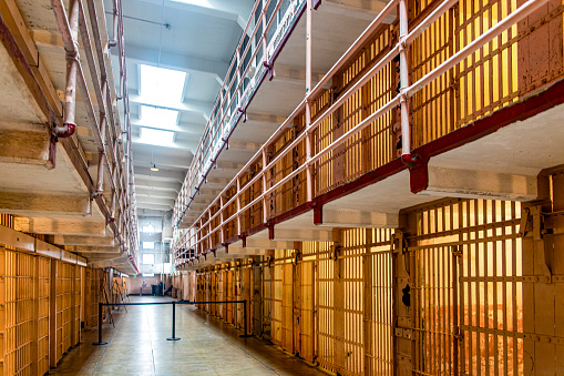 Corridor of a module and block of the federal prison on Alcatraz Island in San Francisco Bay, in the state of California, USA. American jail concept.