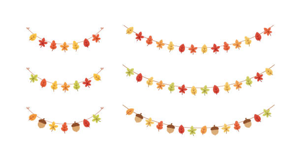 illustrations, cliparts, dessins animés et icônes de guirlande de feuilles d’automne en couleurs orange et rouge pour la saison d’automne et de thanksgiving. vecteur isolé sur fond blanc. - autumn thanksgiving leaf garland