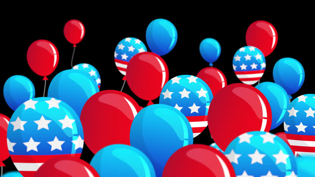 4K American balloons floating transition animation on Alpha background. USA celebration
