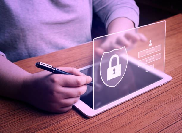 Woman using digital tablet to login with holographic scanner authentication.