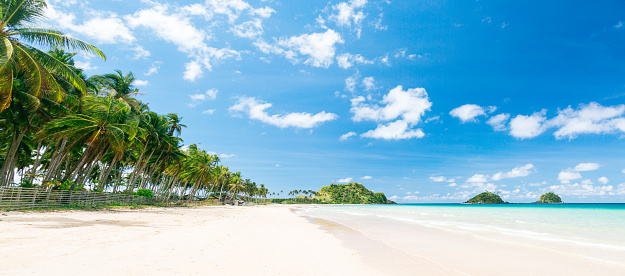 Panorama of Nacpan Beach, a serene coastal landscape near El Nido Village on Palawan Island, Philippines. The beach features a stretch of white sand that spans across the frame. Along the shoreline, tall palm trees grow, providing shade and adding to the tropical ambiance. The beach appears completely empty, devoid of any human presence. In the distance, multiple lush tropical islands can be seen, covered in vibrant green vegetation. The sea is  clear and blue, complementing the picturesque scenery. The sky is  blue with a few scattered clouds.