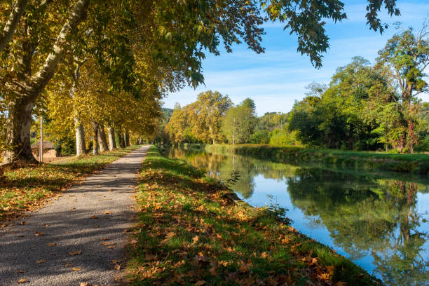 Canal of the Garonne River in autumn near Moissac, France stock photo