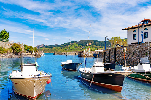 Mundaka ria, river and village, marina boats harbor in Urdaibai, Biscay Basque Country of Spain