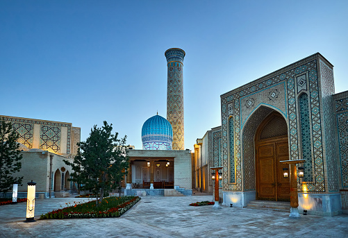 Samarkand Eternal city Boqiy Shahar Registan public square with mosque and minaret modern complex of ancient city in Uzbekistan