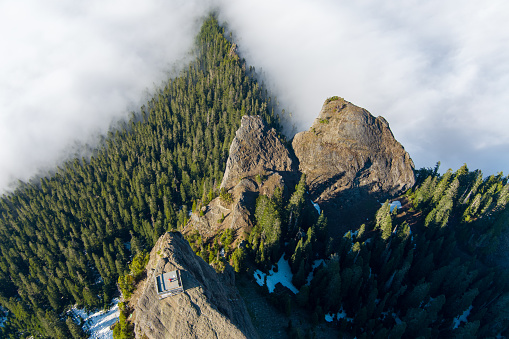 Aerial view of High Rock Lookout in Ashford, Washington