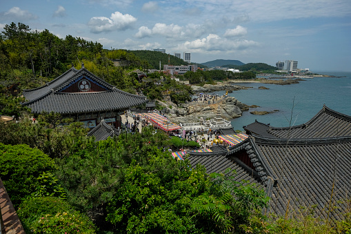 Busan, South Korea - May 27, 2023: Haedong Yonggungsa Temple is one of the rare Korean temples situated on the seaside, Busan, South Korea.