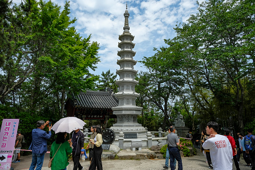 Busan, South Korea - May 27, 2023: Haedong Yonggungsa Temple is one of the rare Korean temples situated on the seaside, Busan, South Korea.