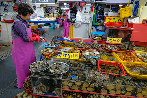 Busan, South Korea - May 28, 2023: A woman selling fresh clams, mussels and sea snails in Jagalchi Market in Busan, South Korea.