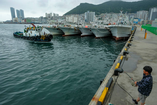 Busan, South Korea - May 28, 2023: A man fishing in the Busan harbor next to the Jagalchi fish market, South Korea.
