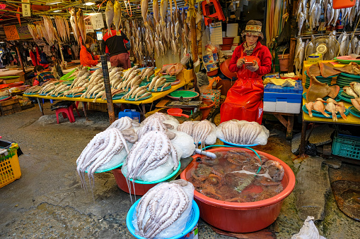 Busan, South Korea - May 28, 2023: Fish vendors in Jagalchi Market in Busan, South Korea.