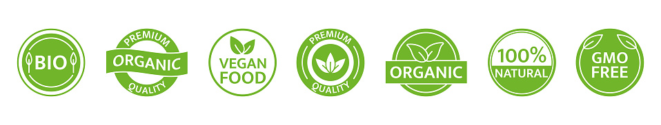 Gmo free. Organic, natural, bio product icon set. Healthy vegan food label. Farm fresh, locally grown badges. Eco friendly tag. Beauty product. Sustainable life. Premium quality. Vector illustration.