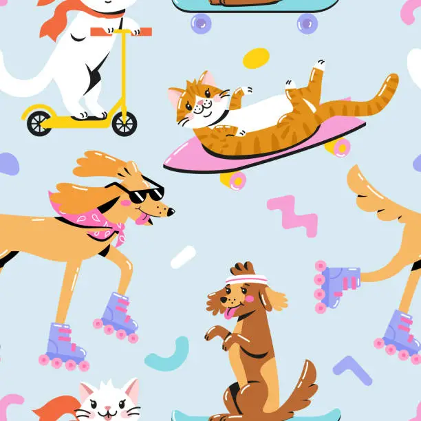 Vector illustration of Seamless pattern with cool cute cats and dogs riding skateboard, roller skates and scooter