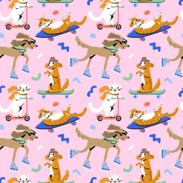 Vector illustration of Seamless pattern with cool cute cats and dogs riding skateboard, roller skates and scooter.