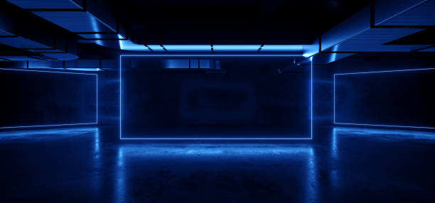 istock Sci Fi Futuristic Neon Frames Barn Garage Blue Glowing Lights Cement Concrete Hangar Tunnel Underground Corridor Club Stage Showroom Parking 3D Rendering 1499173437