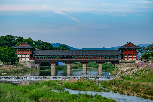 Gyeongju, South Korea - June 3, 2023: Woljeong Bridge is a covered bridge located next to Gyochon Traditional Village in Gyeongju, South Korea.