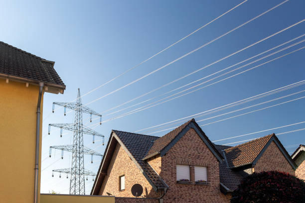 Wire construction hanging over roofs