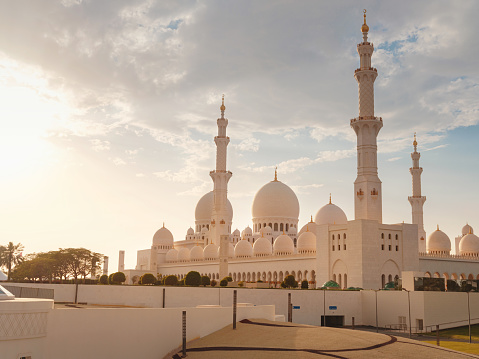 20 March 2023, Abu Dhabi, UAE: Sheikh Zayed Mosque largest mosque of UAE located in Abu Dhabi capital city of United Arab Emirates. The 3rd largest mosque in world. Beautiful photo in sunset light