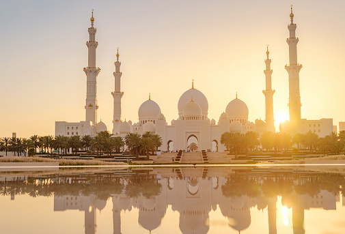 20 March 2023, Abu Dhabi, UAE: Sheikh Zayed Mosque largest mosque of UAE located in Abu Dhabi capital city of United Arab Emirates. The 3rd largest mosque in world. Beautiful photo in sunset light