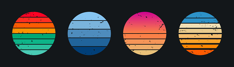 Retro sunset collection with grunge texture in vintage 80s style. Retro striped sun in round shape. Abstract sunset collection for print, t-shirt design and badges. Vector