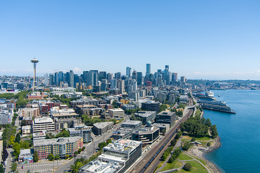 The Seattle, Washington waterfront skyline on a summer day