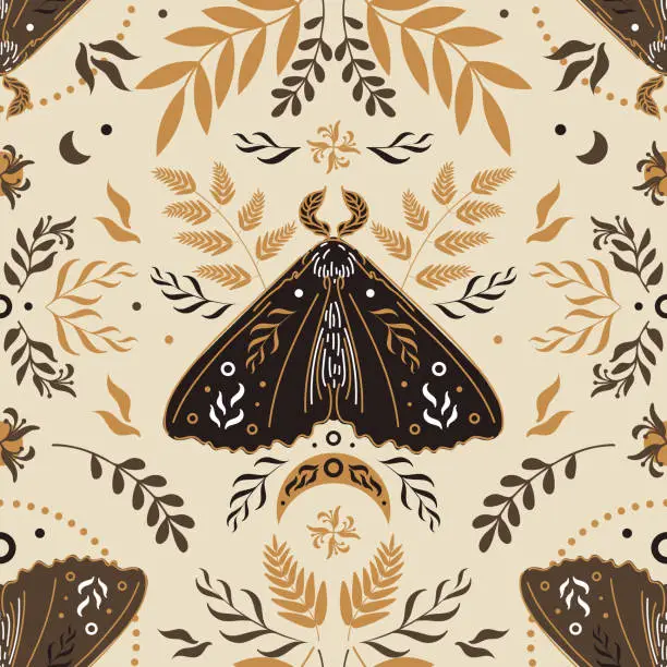 Vector illustration of Moth, phases of the moon and stars, wormwood and fern. Seamless pattern in scandinavian folk style. Halloween, magic, witchcraft, astrology, mysticism. For wallpaper, fabric, background.