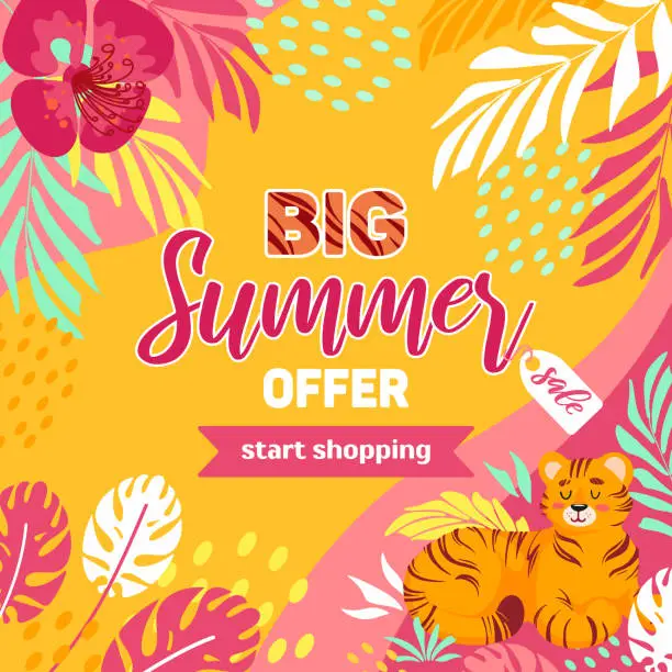 Vector illustration of Bright summer square sale banner. Tiger, tropical leaves and flowers. In bright pink yellow neon colors. Hippie, psychedelic. For advertising, website, flyer.