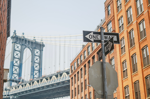 Manhattan Bridge View and directional traffic signs from Dumbo District, New York City