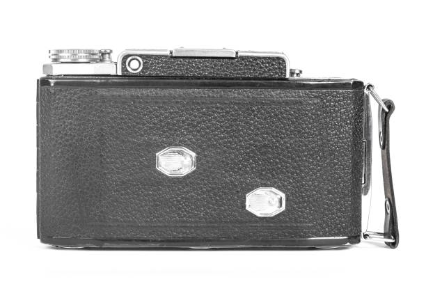 istock Old, antique pocket camera. The black camera is covered with a black leather handle. Front view on a white background 1499181300