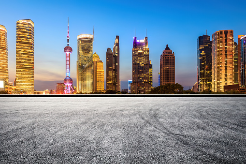 Night view of road and city skyline in Shanghai. Road and city architecture scenery