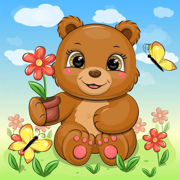 Vector illustration of A cute cartoon brown bear is holding a flower pot with a red flower and is sitting in the garden.