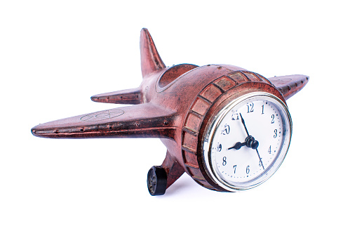 airplane wooden clock, travel ideas isolate on white background